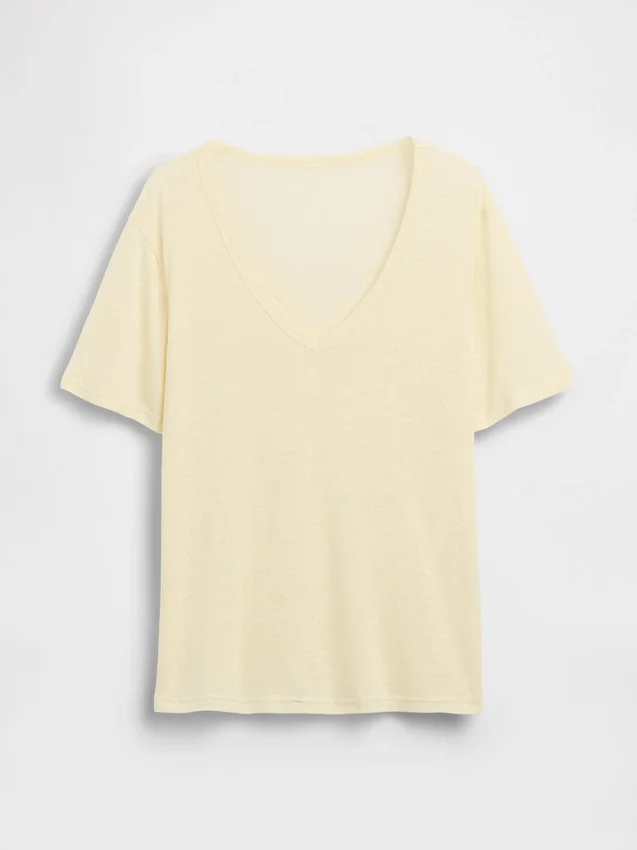 Camiseta holgada con cuello en V de mezcla de lino