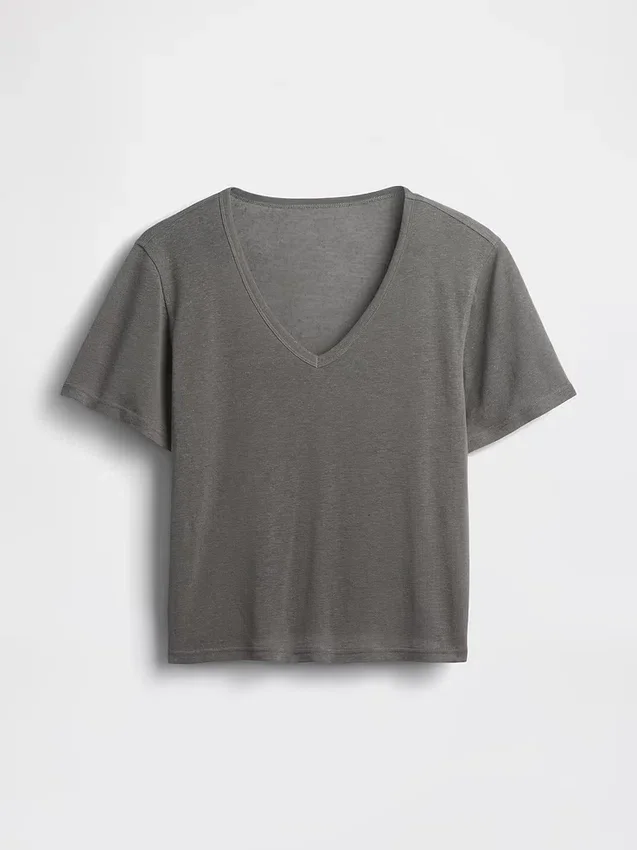 Camiseta holgada con cuello en V de mezcla de lino
