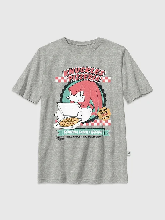 Camiseta infantil con diseño de Knuckles comiéndose una pizza de Sonic the Hedgehog