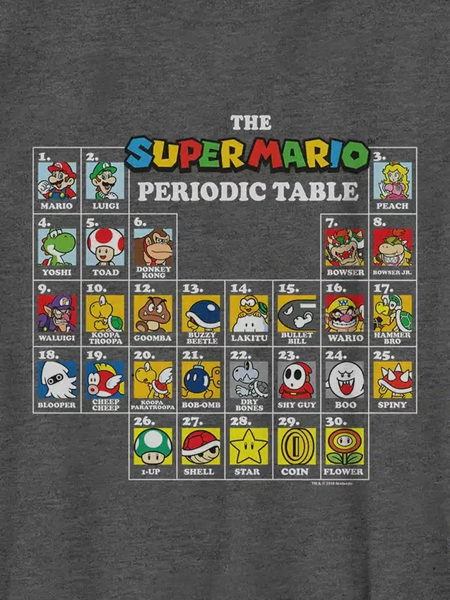 Camiseta infantil con diseño de la tabla periódica de Nintendo
