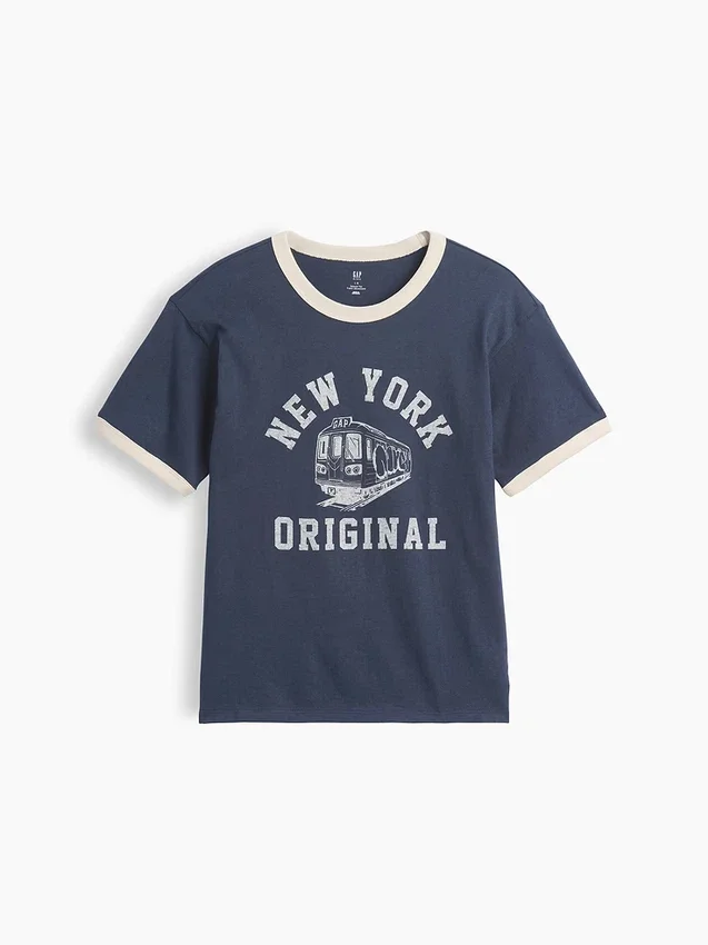 Camiseta infantil de corte holgado con estampado «New York» y cuello y puños de color contrastado