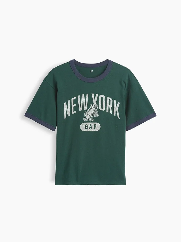 Camiseta infantil de corte holgado con estampado «New York» y cuello y puños de color contrastado