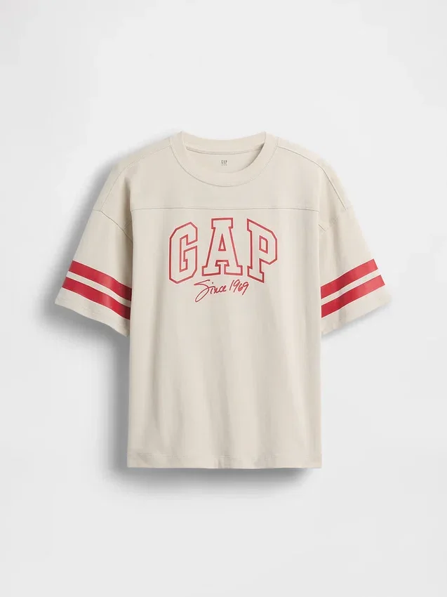Camiseta infantil de jersey de algodón grueso con logo y costuras, corte oversize