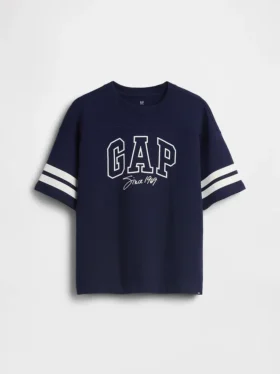 Camiseta infantil de jersey de algodón grueso con logo y costuras, corte oversize