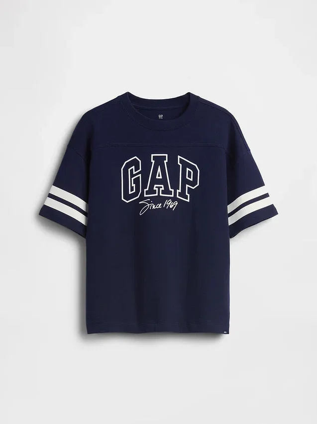 Camiseta infantil de jersey de algodón grueso con logo y costuras, corte oversize