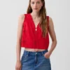 Camiseta sin mangas corta con bordados de mezcla de lino