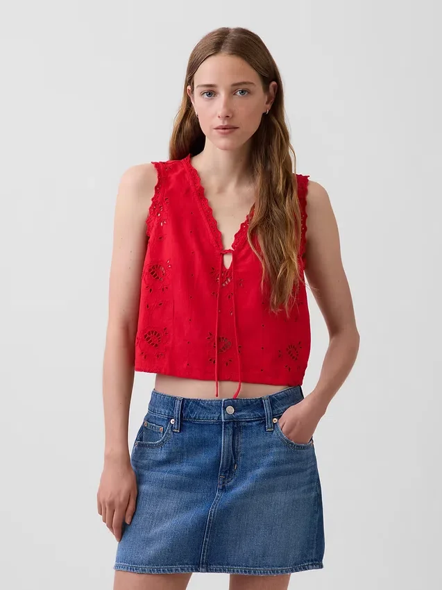 Camiseta sin mangas corta con bordados de mezcla de lino