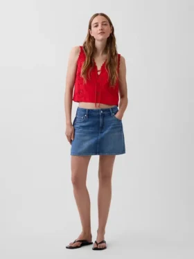 Camiseta sin mangas corta con bordados de mezcla de lino