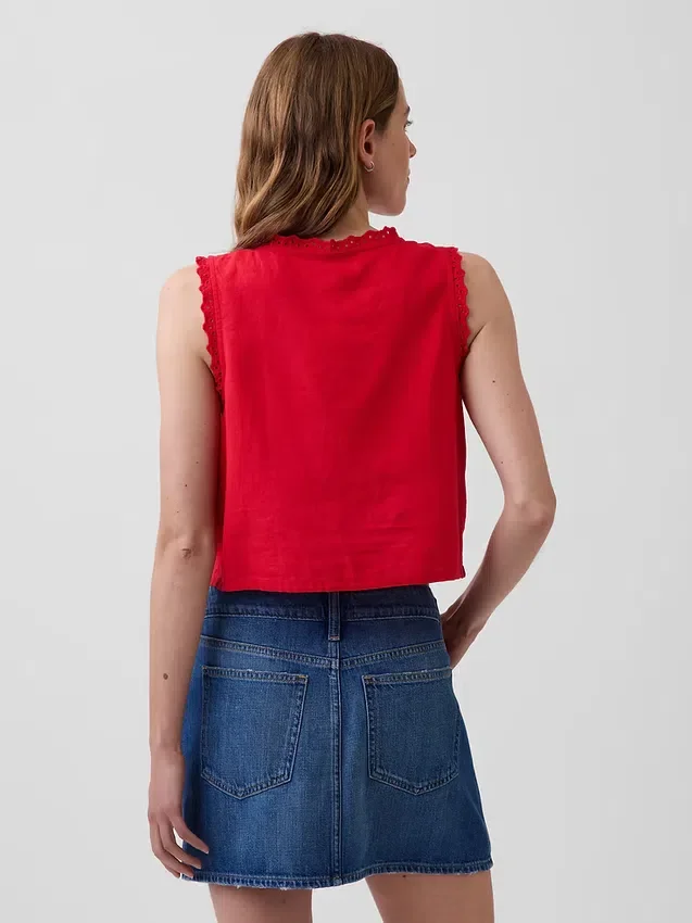 Camiseta sin mangas corta con bordados de mezcla de lino
