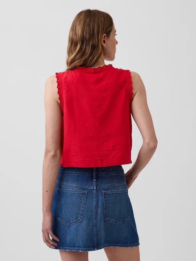 Camiseta sin mangas corta con bordados de mezcla de lino