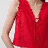 Camiseta sin mangas corta con bordados de mezcla de lino