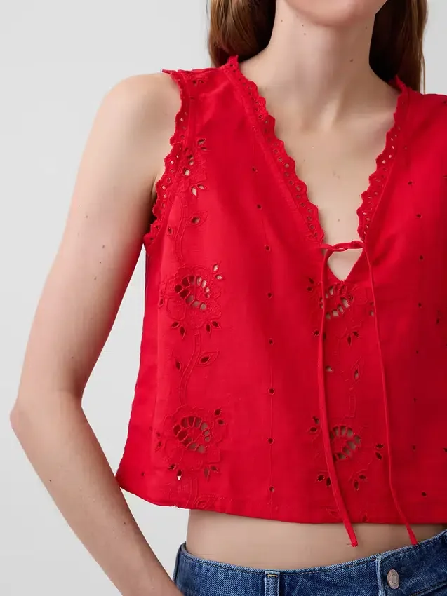 Camiseta sin mangas corta con bordados de mezcla de lino