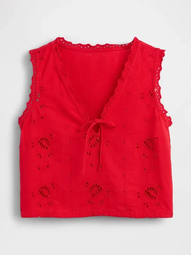 Camiseta sin mangas corta con bordados de mezcla de lino