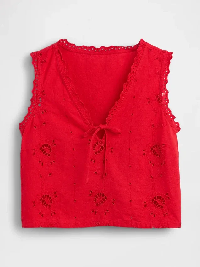 Camiseta sin mangas corta con bordados de mezcla de lino
