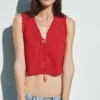 Camiseta sin mangas corta con bordados de mezcla de lino