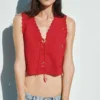 Camiseta sin mangas corta con bordados de mezcla de lino