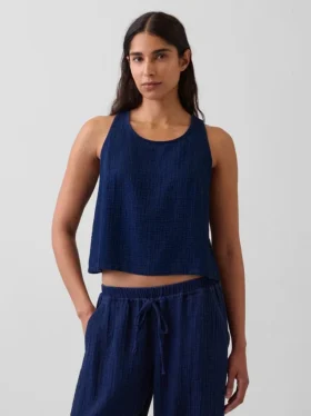 Camiseta sin mangas corta de denim de gasa de algodón