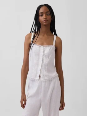 Camiseta sin mangas corta de pijama con pliegues, mezcla de lino