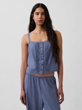 Camiseta sin mangas corta de pijama con pliegues, mezcla de lino