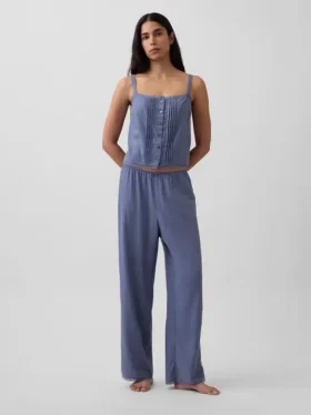 Camiseta sin mangas corta de pijama con pliegues, mezcla de lino
