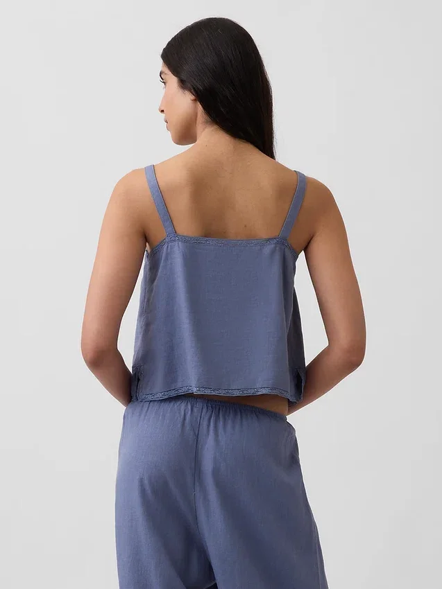 Camiseta sin mangas corta de pijama con pliegues, mezcla de lino