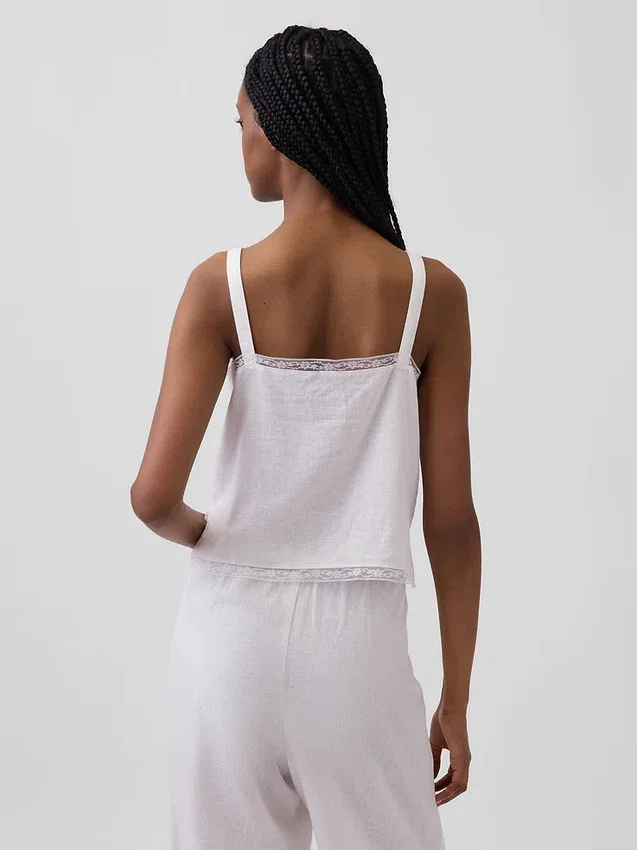 Camiseta sin mangas corta de pijama con pliegues, mezcla de lino