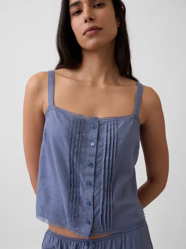 Camiseta sin mangas corta de pijama con pliegues, mezcla de lino
