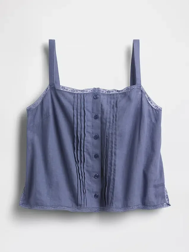 Camiseta sin mangas corta de pijama con pliegues, mezcla de lino