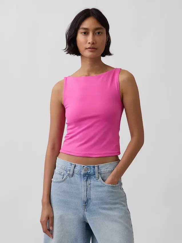 Camiseta sin mangas corta de punto tupido con cuello barco