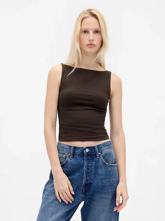 Camiseta sin mangas corta de punto tupido con cuello barco