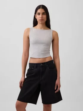 Camiseta sin mangas corta de punto tupido con cuello barco