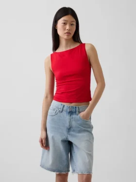 Camiseta sin mangas corta de punto tupido con cuello barco
