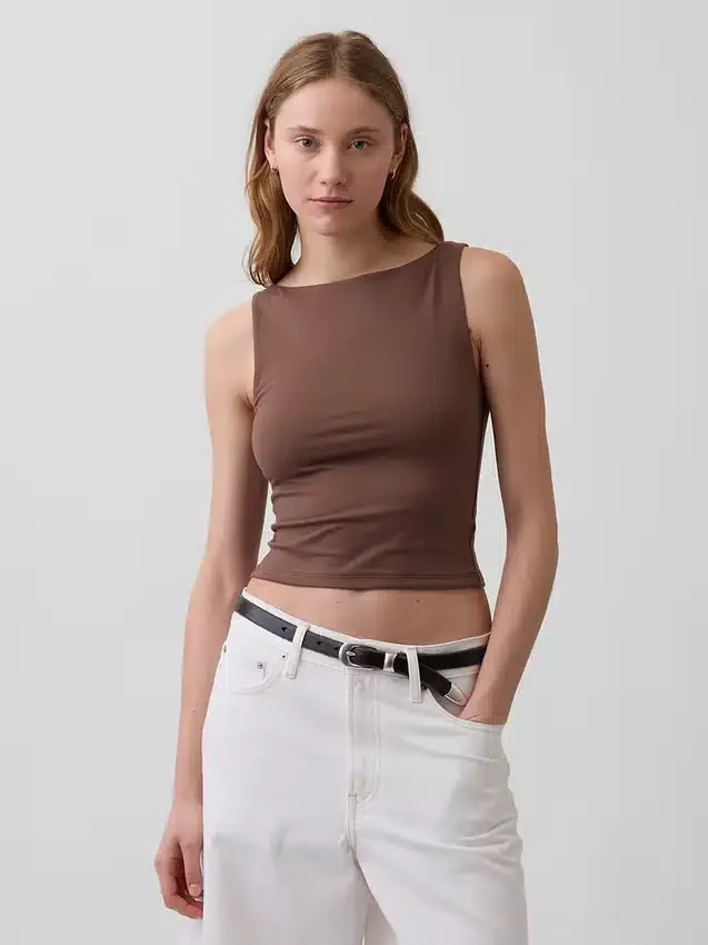 Camiseta sin mangas corta de punto tupido con cuello barco