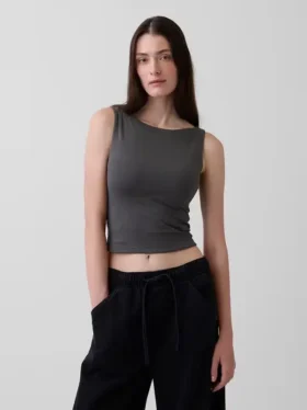 Camiseta sin mangas corta de punto tupido con cuello barco
