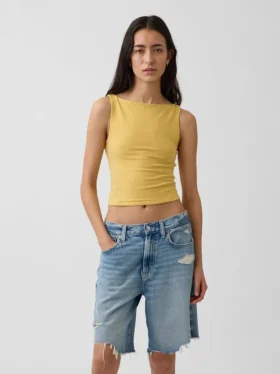 Camiseta sin mangas corta de punto tupido con cuello barco
