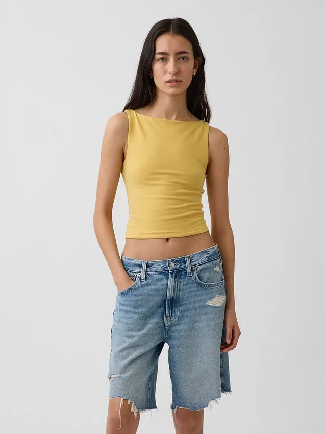 Camiseta sin mangas corta de punto tupido con cuello barco