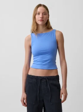 Camiseta sin mangas corta de punto tupido con cuello barco