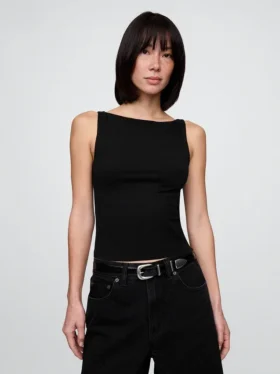 Camiseta sin mangas corta de punto tupido con cuello barco
