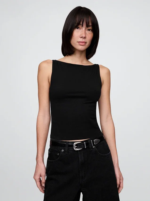 Camiseta sin mangas corta de punto tupido con cuello barco