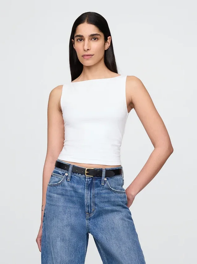 Camiseta sin mangas corta de punto tupido con cuello barco