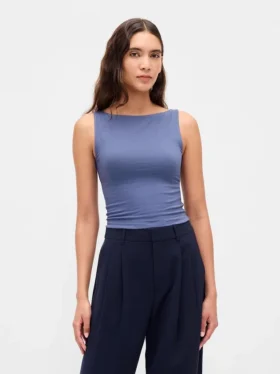Camiseta sin mangas corta de punto tupido con cuello barco