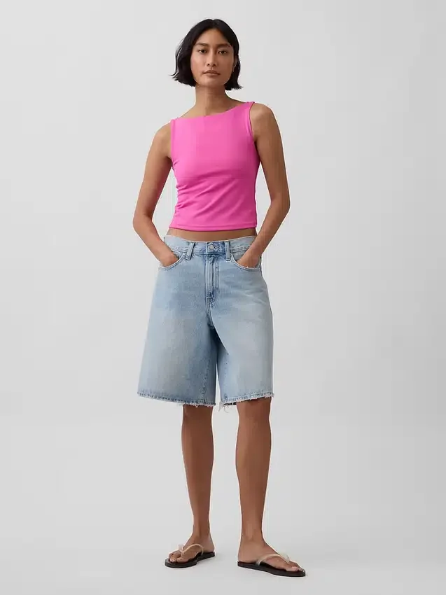 Camiseta sin mangas corta de punto tupido con cuello barco