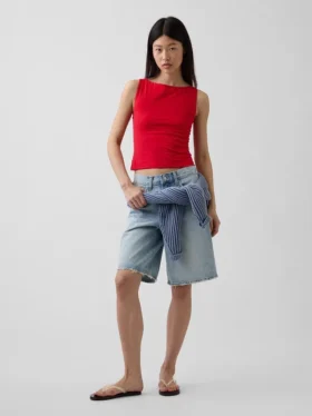 Camiseta sin mangas corta de punto tupido con cuello barco