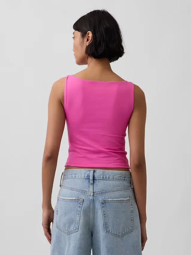 Camiseta sin mangas corta de punto tupido con cuello barco