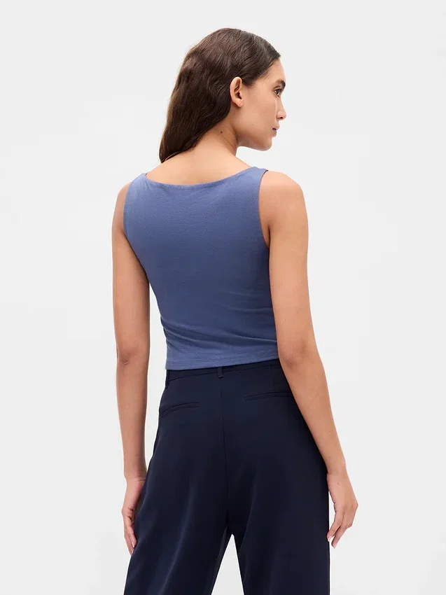 Camiseta sin mangas corta de punto tupido con cuello barco