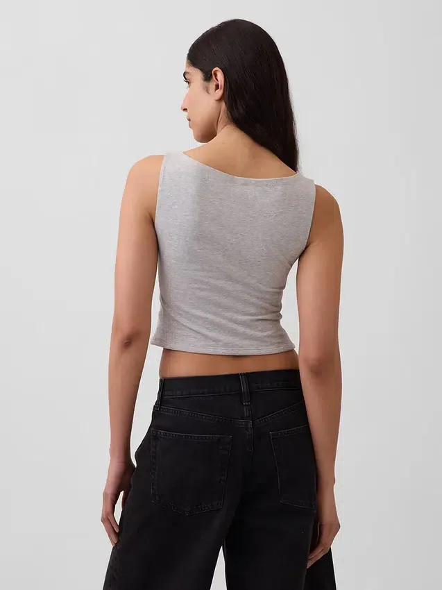 Camiseta sin mangas corta de punto tupido con cuello barco