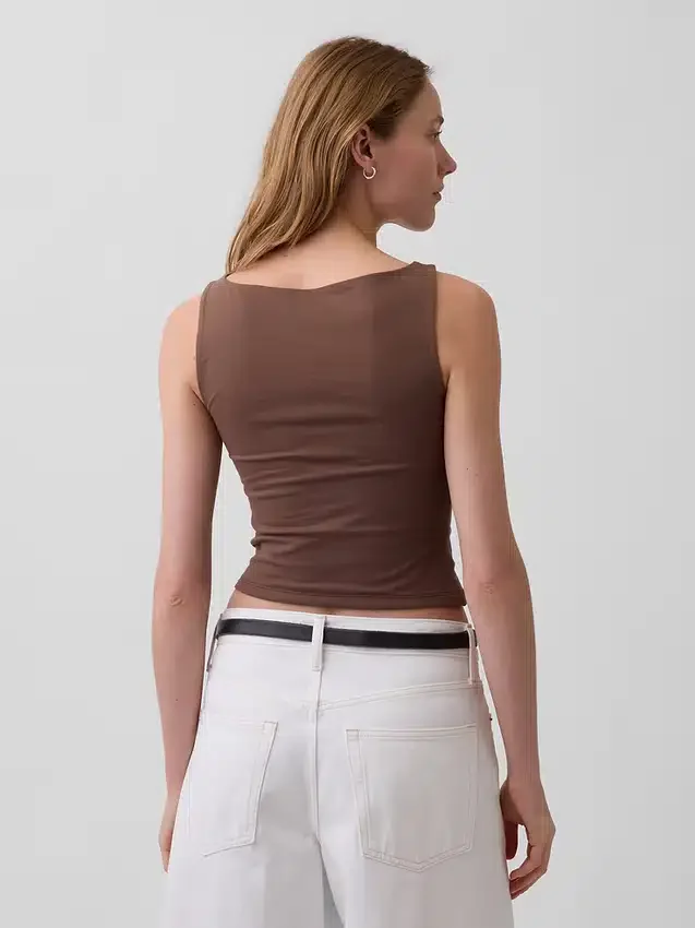 Camiseta sin mangas corta de punto tupido con cuello barco