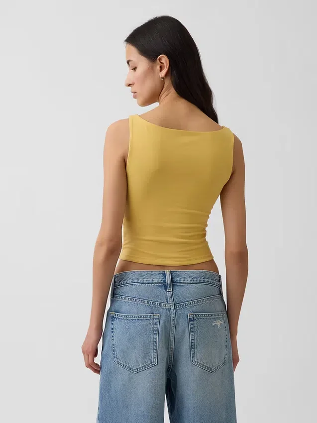 Camiseta sin mangas corta de punto tupido con cuello barco