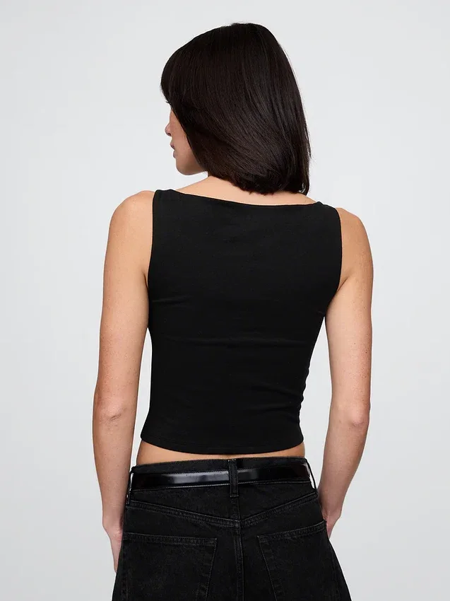 Camiseta sin mangas corta de punto tupido con cuello barco