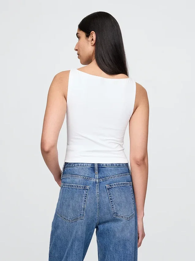 Camiseta sin mangas corta de punto tupido con cuello barco